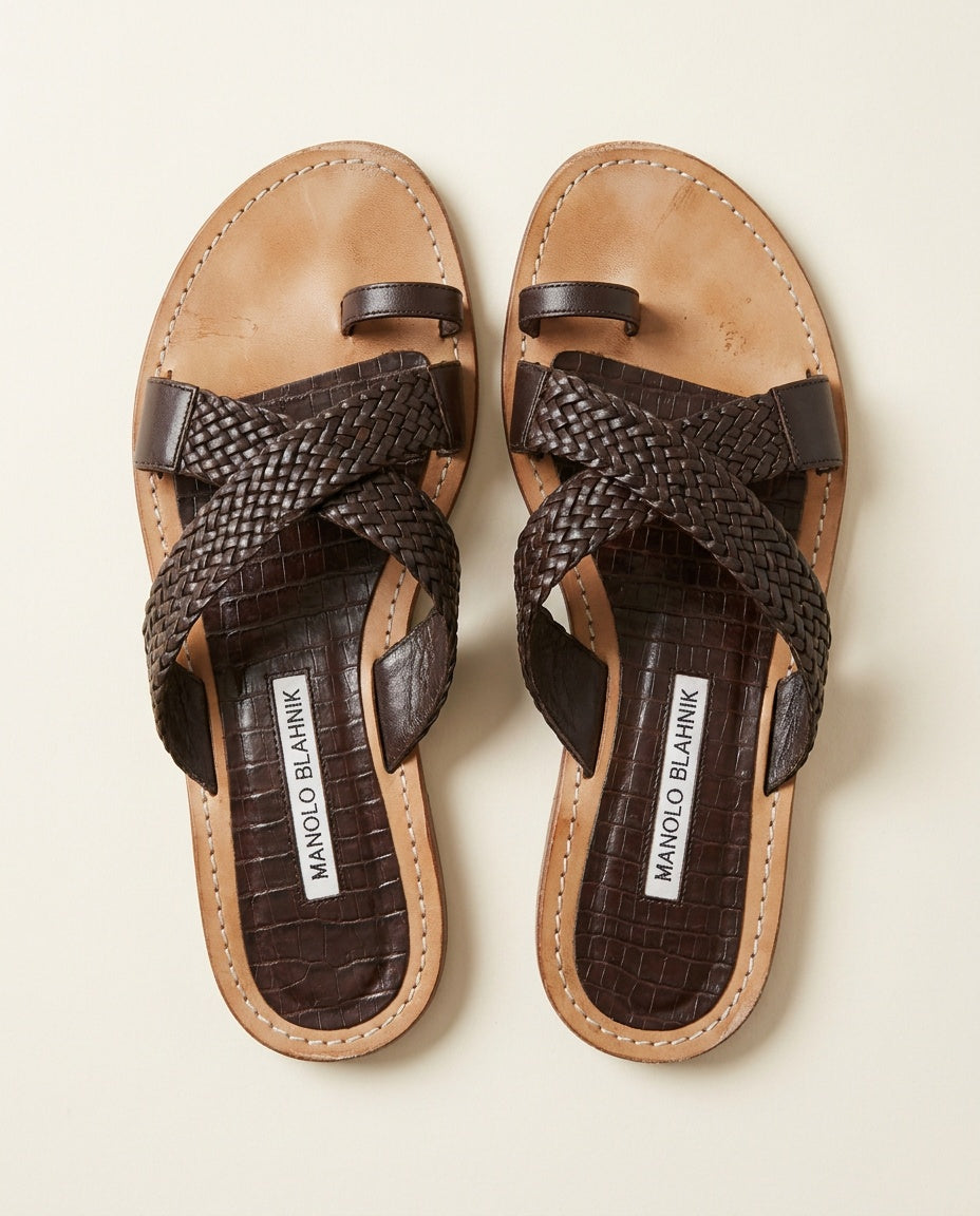 Manolo Blahnik Dark Brown Woven-Strap Slide Sandals with Reptile-Embossed Footbed - photo 1