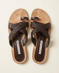 Manolo Blahnik Dark Brown Woven-Strap Slide Sandals with Reptile-Embossed Footbed - photo 1