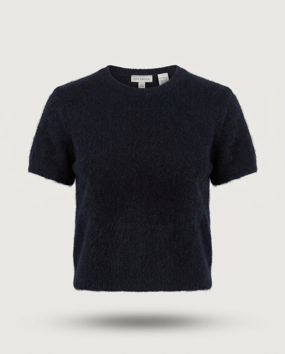 Ann Taylor Short-Sleeve Crewneck Knit Sweater in Dark Navy with Angora Blend - photo 1