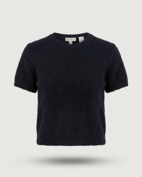 Ann Taylor Short-Sleeve Crewneck Knit Sweater in Dark Navy with Angora Blend - photo 1