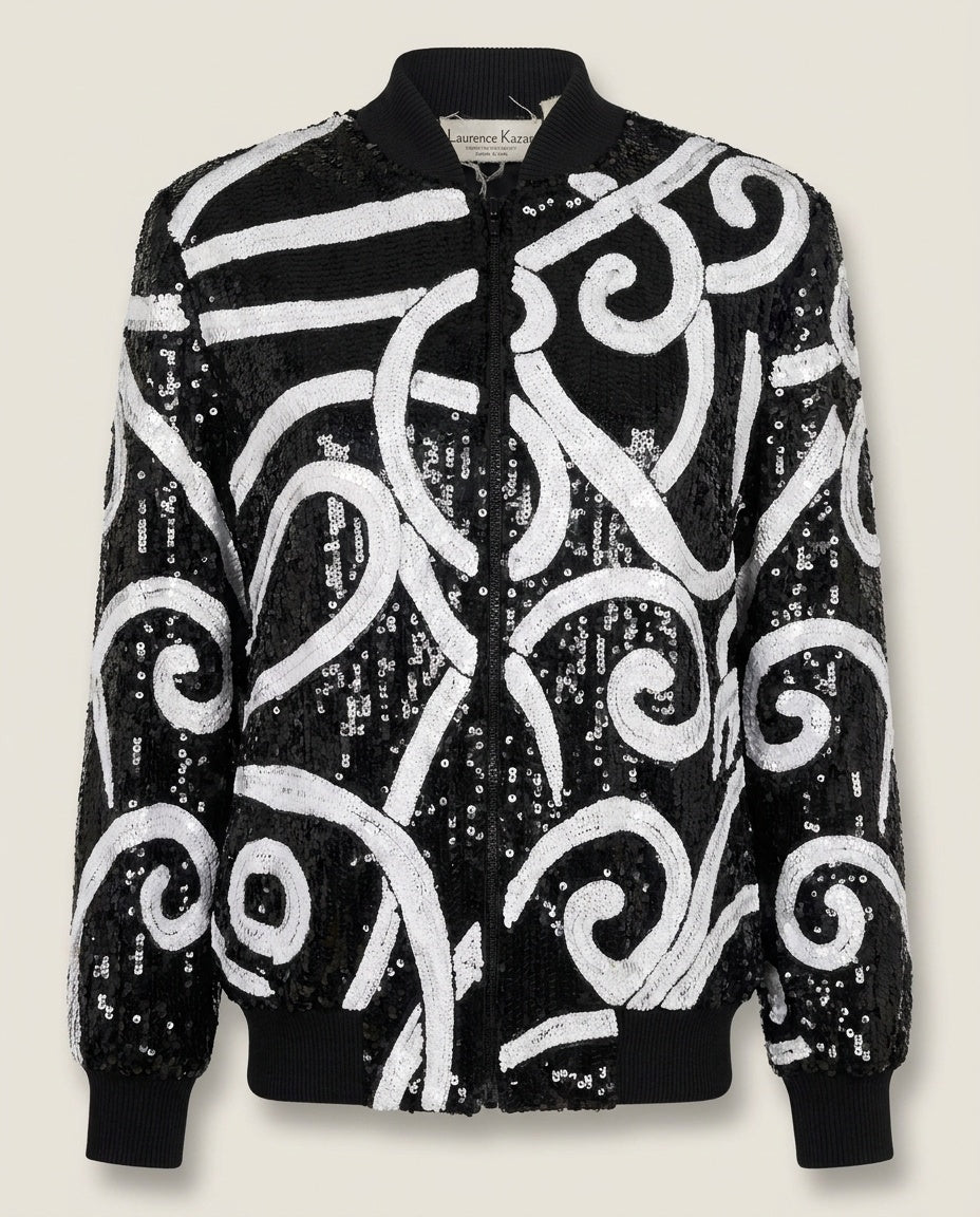 Laurence Kazar 1980s Sequined Bomber Jacket with White Scrollwork Appliqué - photo 1