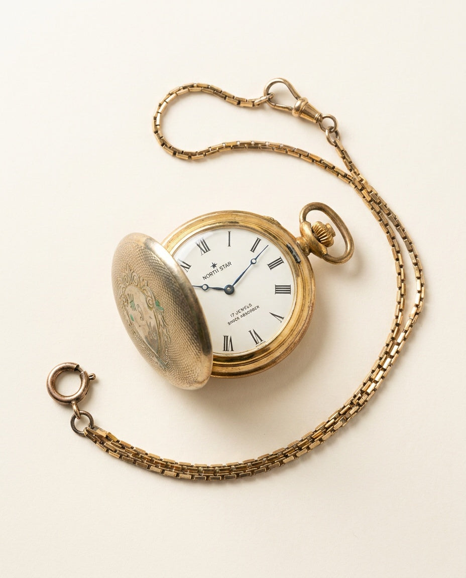 North Star 1970s Hunter-Case Pocket Watch with Guilloche Engraving and Fob Chain - photo 1