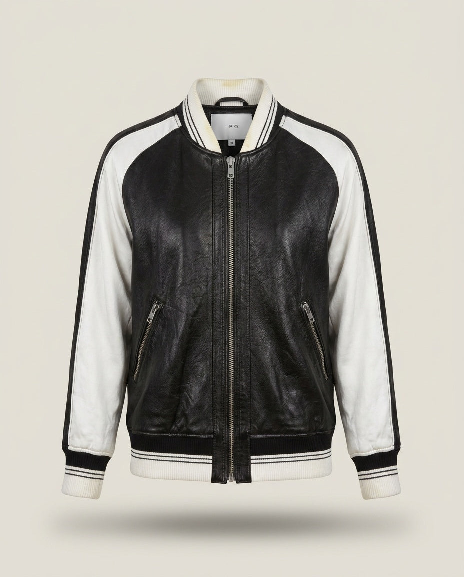 IRO FALIA Black and White Leather Bomber Jacket with Silk Sleeves - photo 1