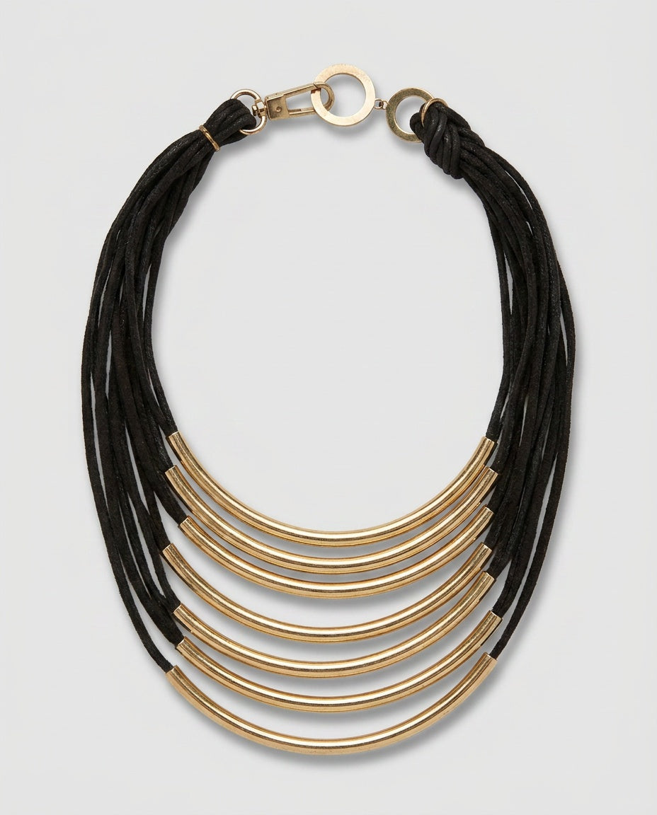 Multi-Strand Black Cord Bib Necklace with Gold-Tone Tube Bars - photo 1