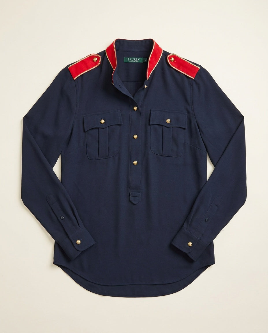 Lauren Ralph Lauren Navy Blue Military-Style Blouse with Red Epaulettes and Gold Trim - photo 1