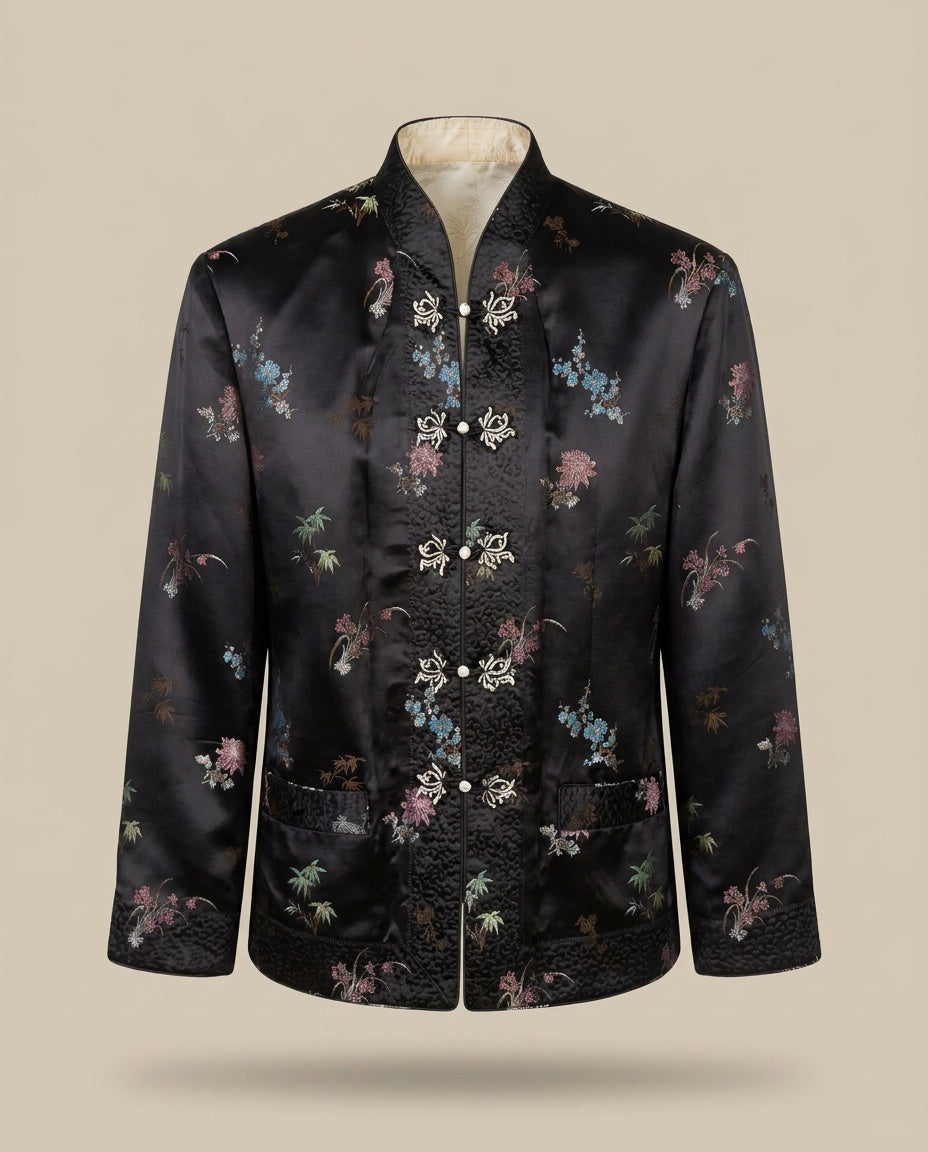 Chinese-Style Satin Jacket with Frog Closures and Allover Floral Print - photo 1