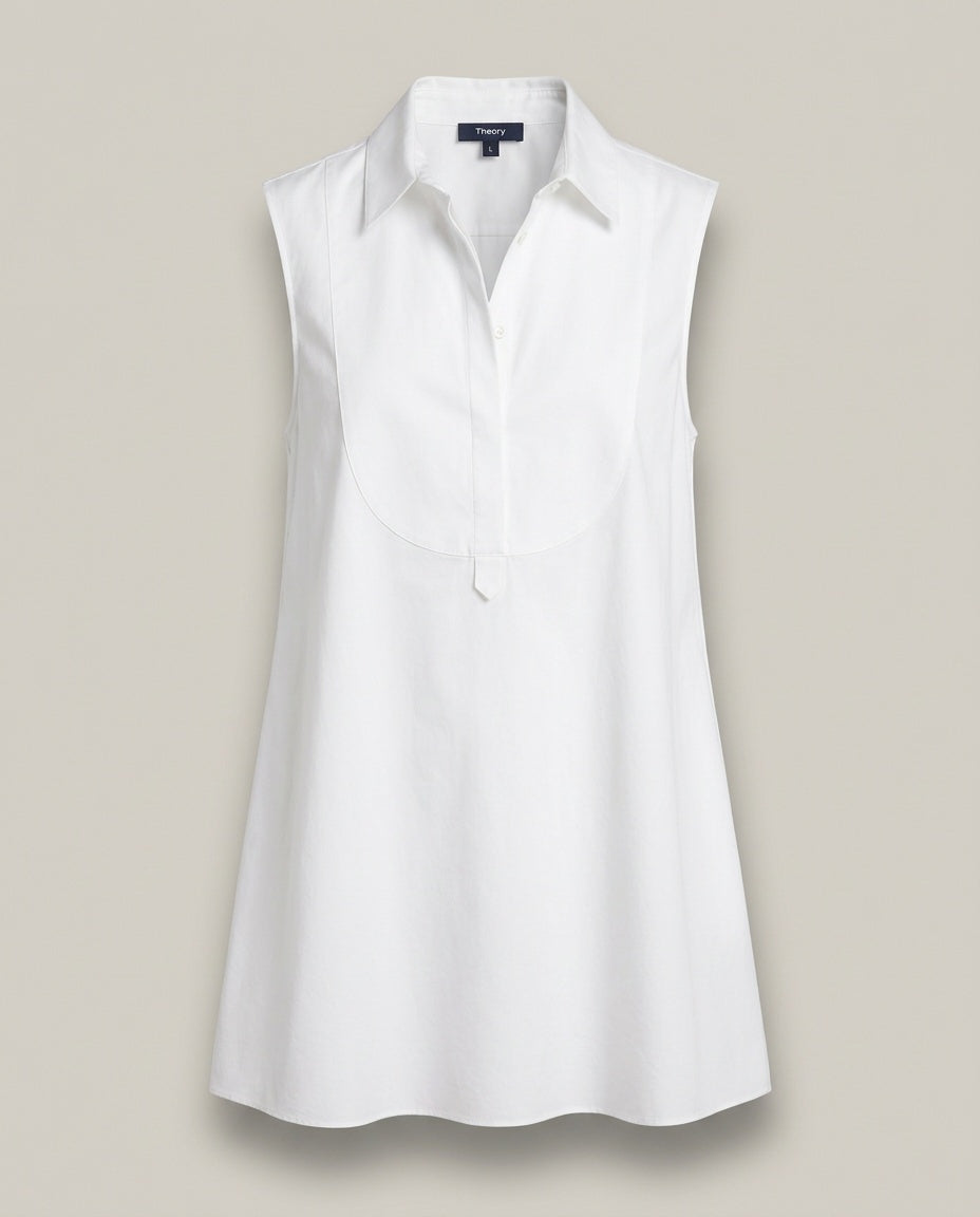 Theory White Sleeveless Collared Bib-Front Tunic Blouse in 72% Cotton/23% Nylon/5% Spandex - photo 1