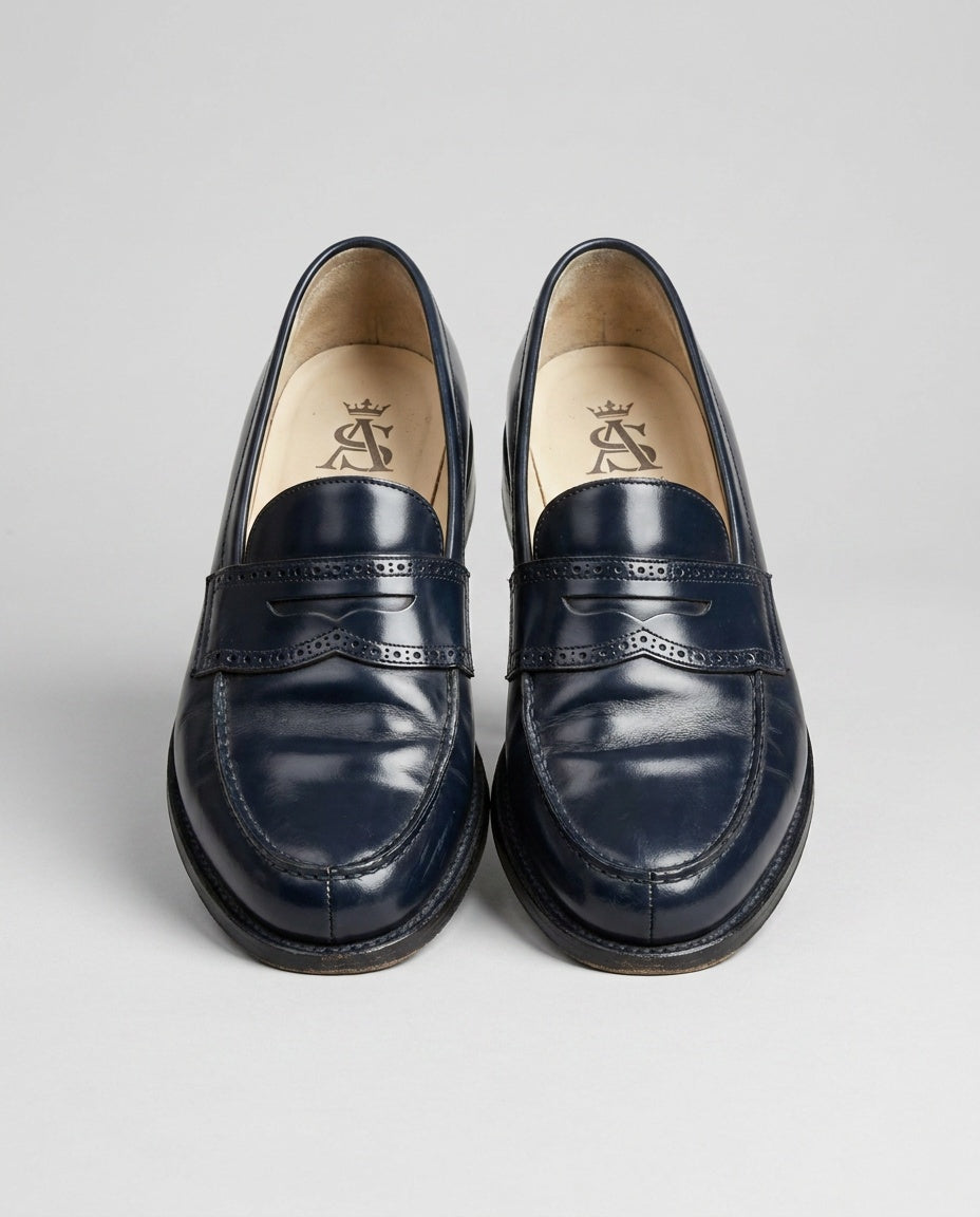 Navy Blue High-Gloss Penny Loafer with Brogue Details from The Office of Angela Scott - photo 1