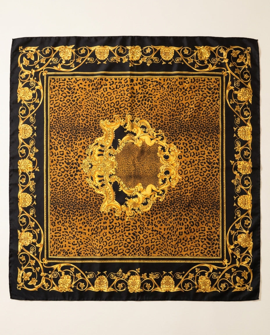 Late 1980s–1990s Square Printed Scarf with Baroque Cherub and Leopard Print - photo 1