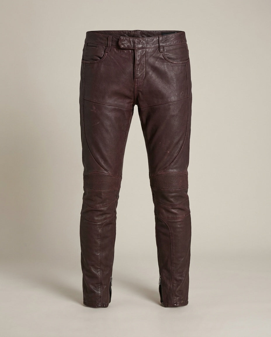 AllSaints Dark Burgundy Italian Leather Moto Trousers W26 - photo 1