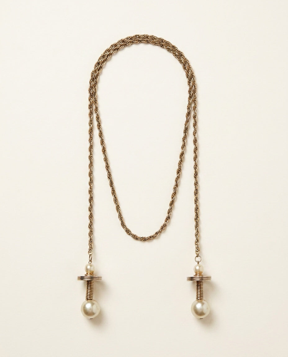 Mid-20th Century Faux Pearl Lariat Necklace with Coiled Wire Spring Pendants - photo 1