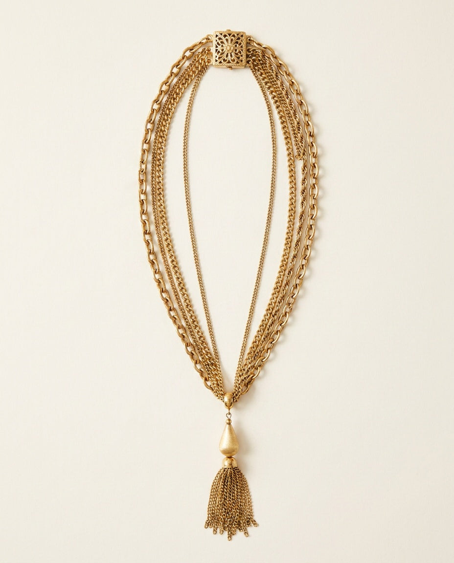 1970s-1980s Multi-Strand Gold-Tone Chain Necklace with Tassel Pendant - photo 1
