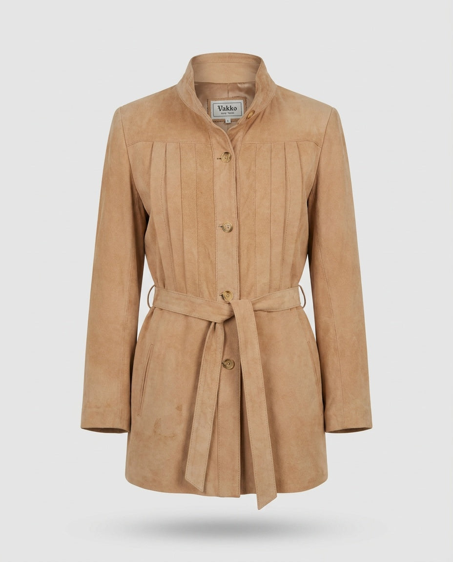 Vakko Suede Belted Jacket with Band Collar and Gold Buttons - photo 1