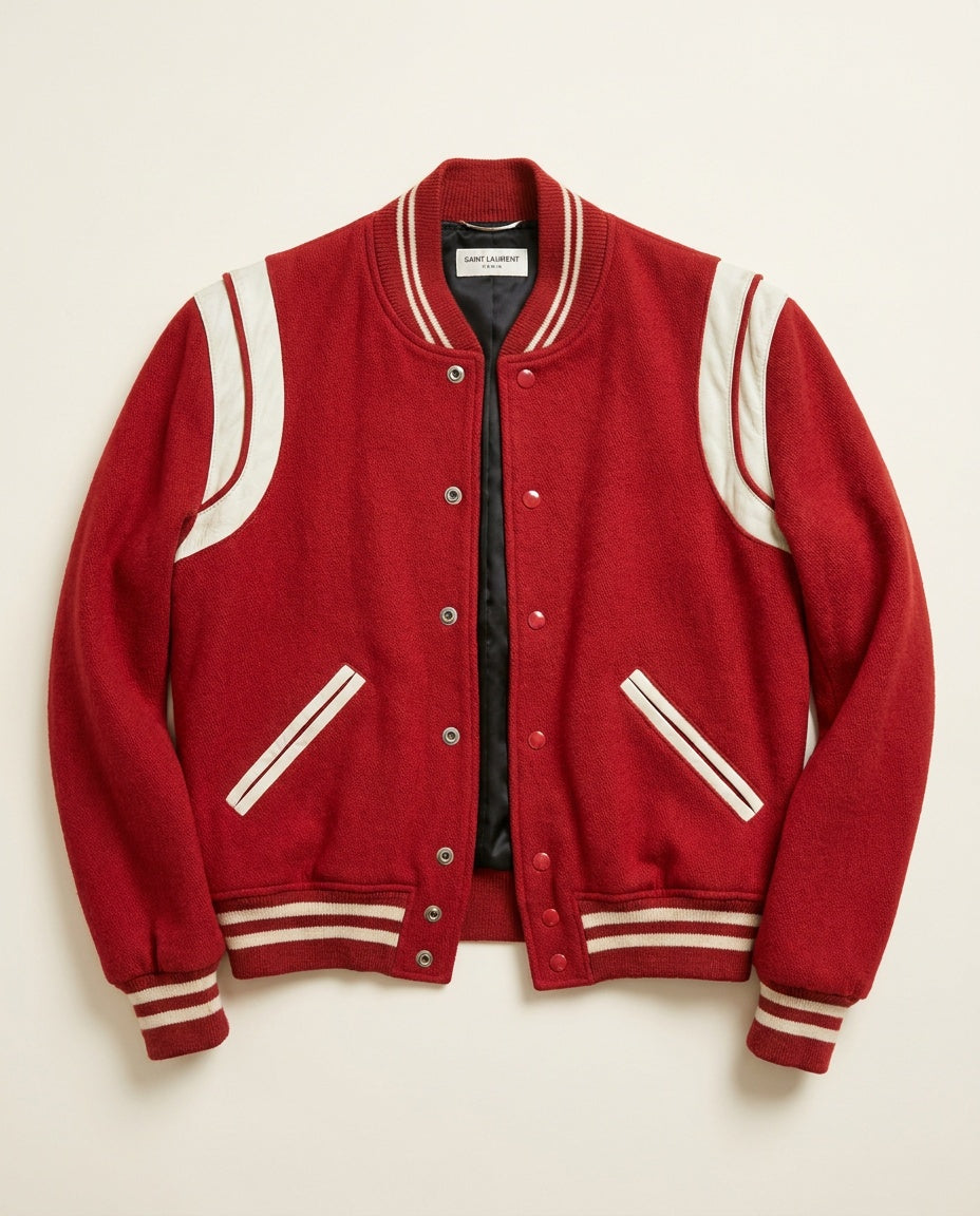 Saint Laurent Red Varsity Bomber Jacket with White/Cream Leather Panels - photo 1
