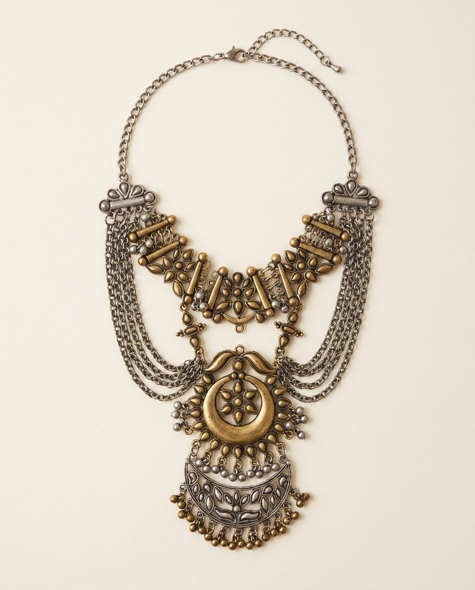 Dual-Tone Chandelier Statement Necklace with Ornate Bib Panels - photo 1