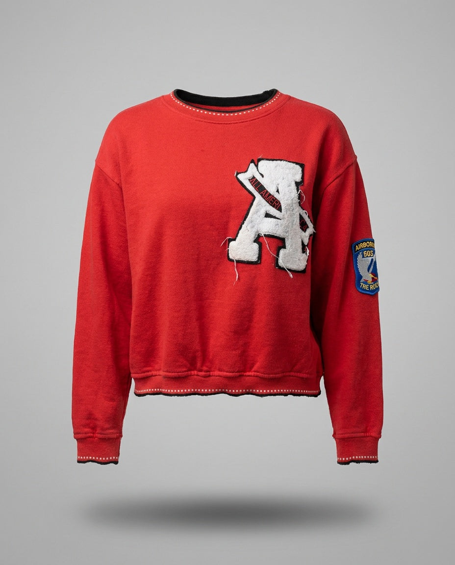Red Cropped Crewneck Sweatshirt with Military-Style Patches - photo 1