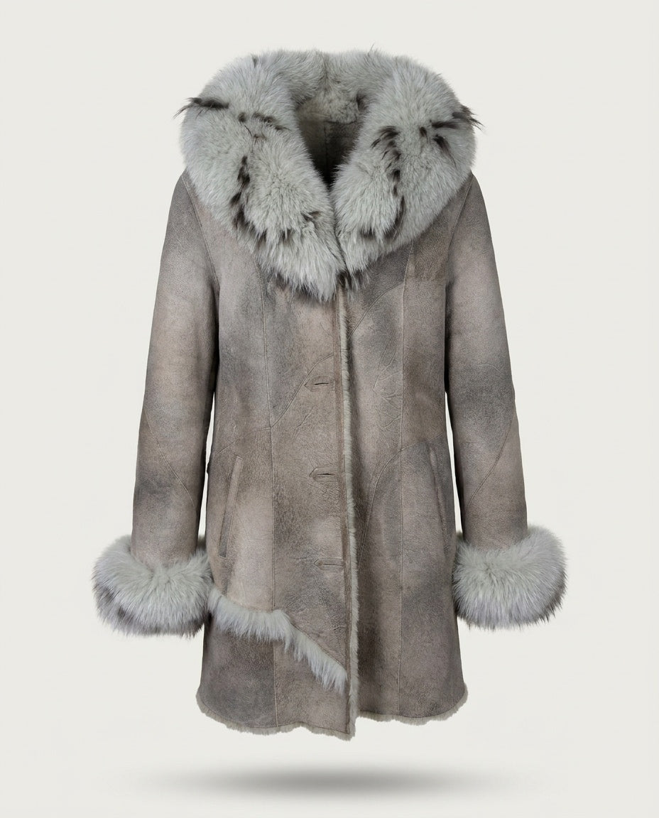 Mid-Century Shearling Coat with Suede Paneled Construction and Oversized Fur Trim - photo 1