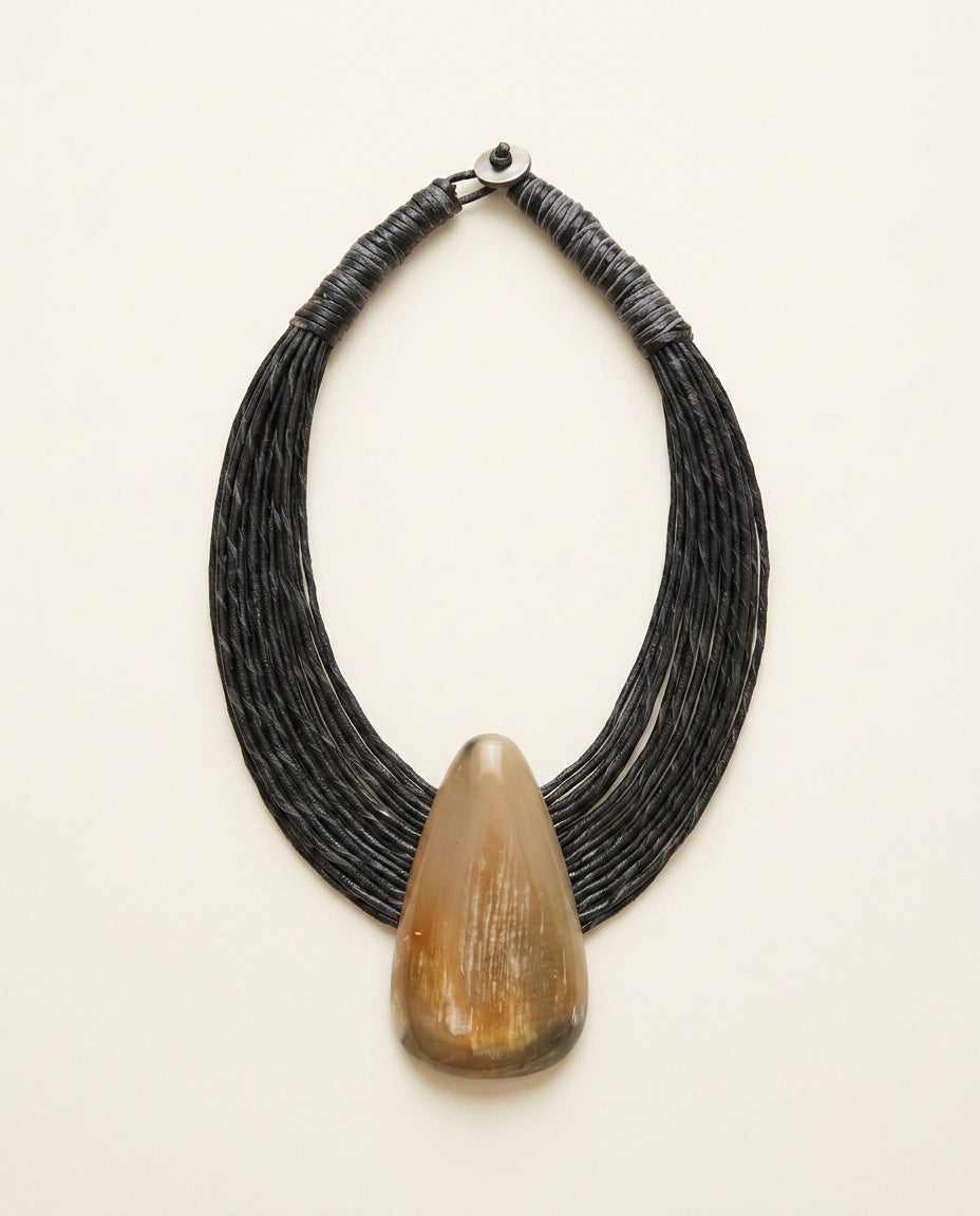 Mid-20th Century Multi-Strand Leather Cord Bib Necklace with Teardrop Pendant - photo 1