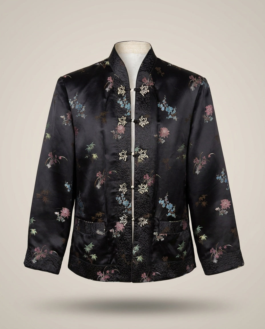 Chinese-Style Satin Jacket with Frog Closures and Floral Print - photo 1