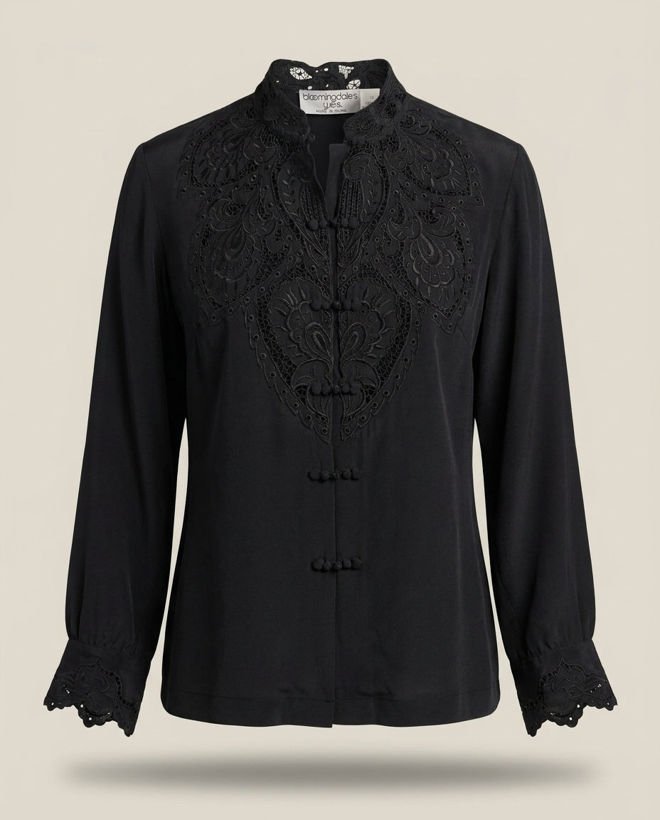Black Silk Blouse with Cutwork Lace Collar and Frog Closures - Bloomingdale's y.e.s. - photo 1