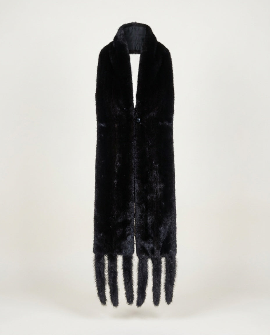 Black Fur Stole with Tassel Fringe Ends - photo 1