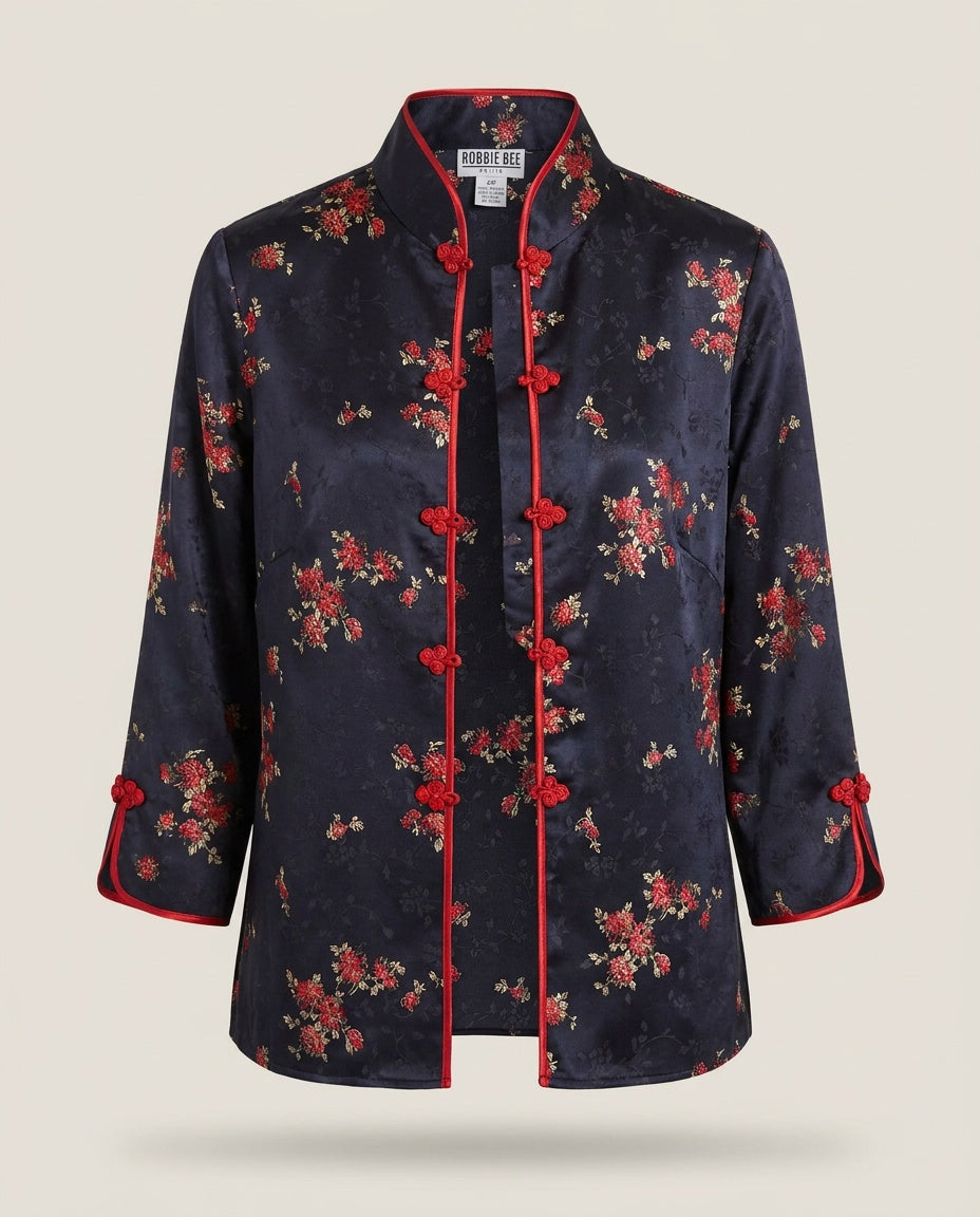 Robbie Bee Petite 100% Silk 2-Piece Jacket & Slip Set - Navy/Red Floral - photo 1