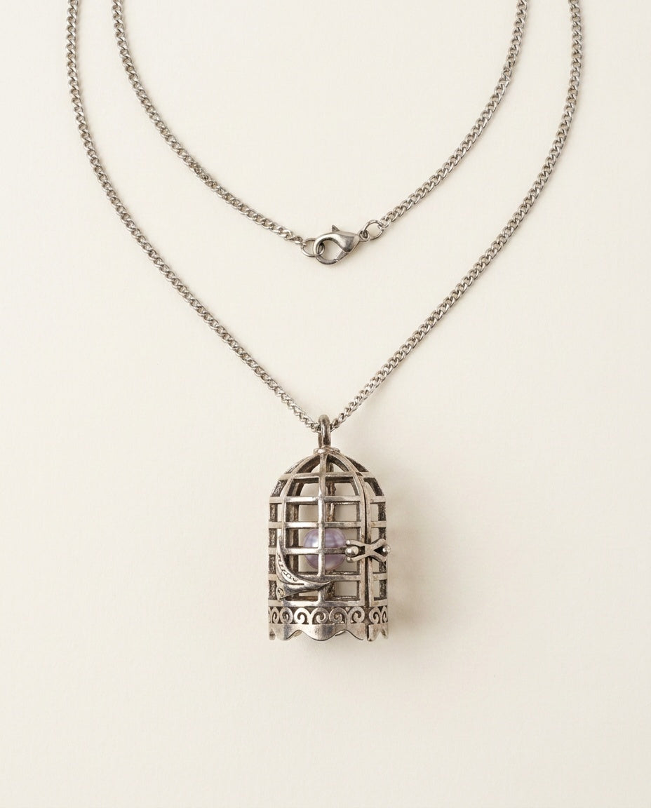 1990s Silver-Tone Birdcage Pendant Necklace with Curb-Link Chain and Interior Bead - photo 1