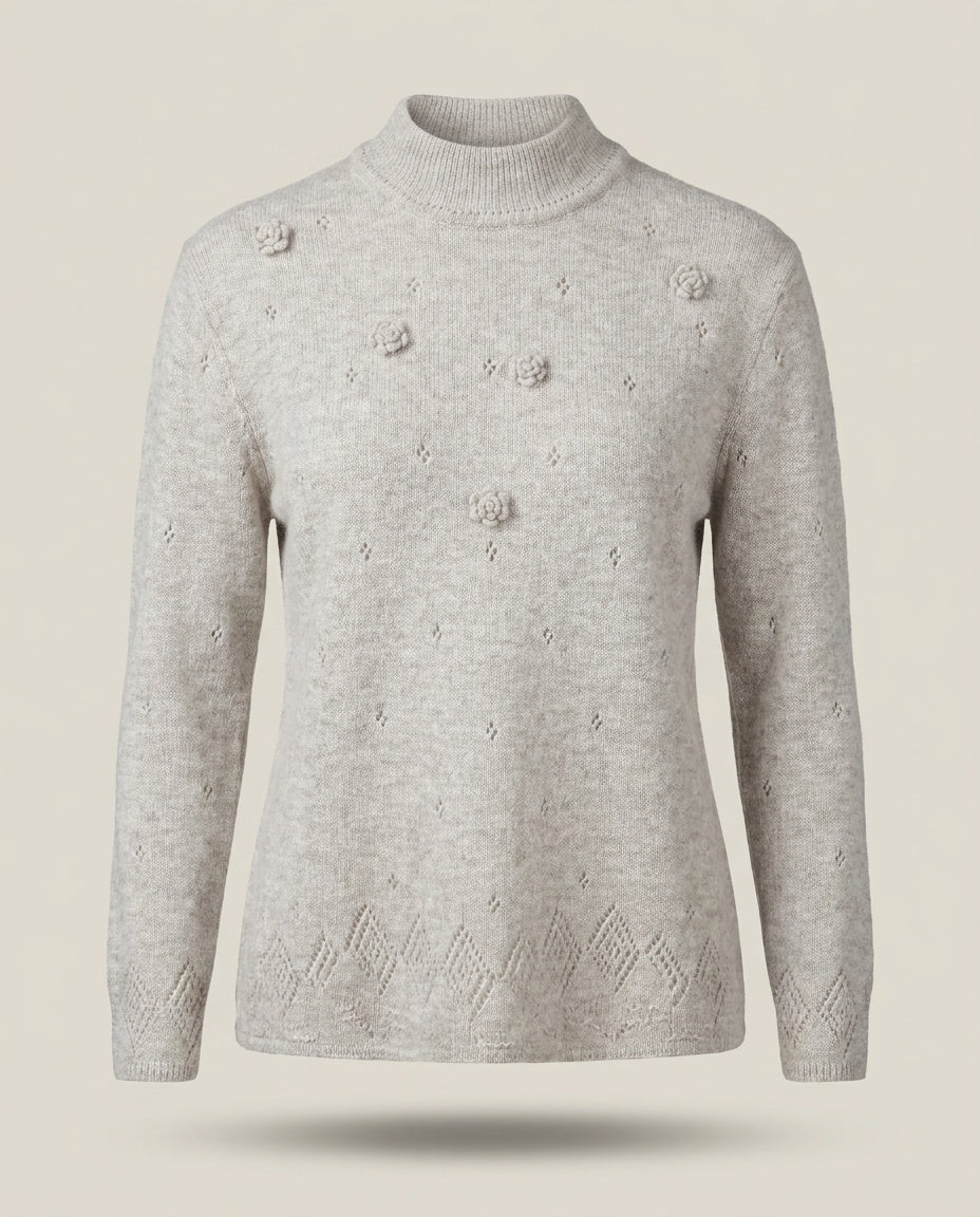 Hauber Sporting Light Heather Grey Mock-Neck Pullover Sweater with Knit Appliqués and Openwork Hem - photo 1