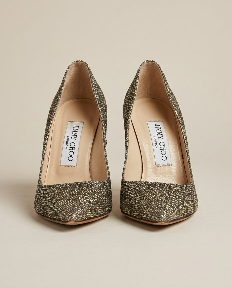 Jimmy Choo Dark Gold Glitter Pointed Toe Stiletto Pumps – Size 37.5 - photo 1