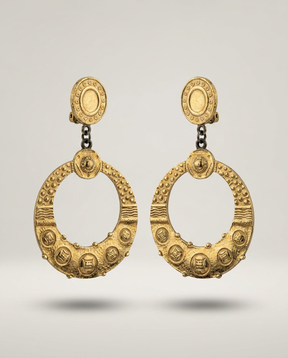 Mid-Century Gold-Tone Clip-On Drop Hoop Earrings (Pair) - photo 1