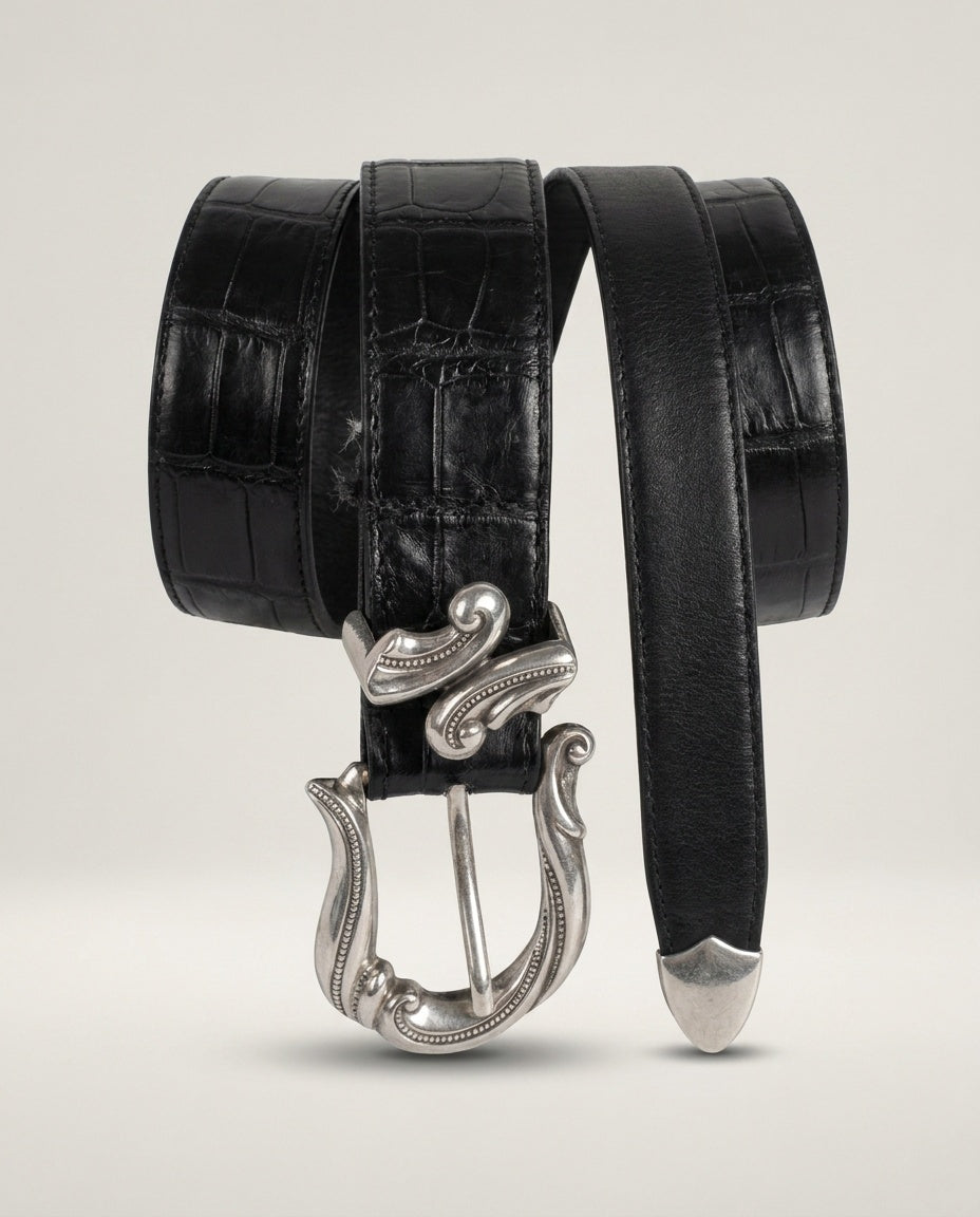 Black Croc-Embossed Leather Belt with Ornate Silver Buckle - photo 1