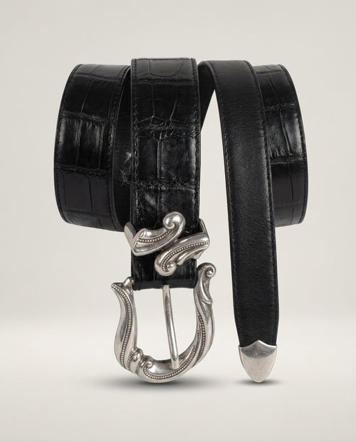 Black Croc-Embossed Leather Belt with Ornate Silver Buckle - photo 1