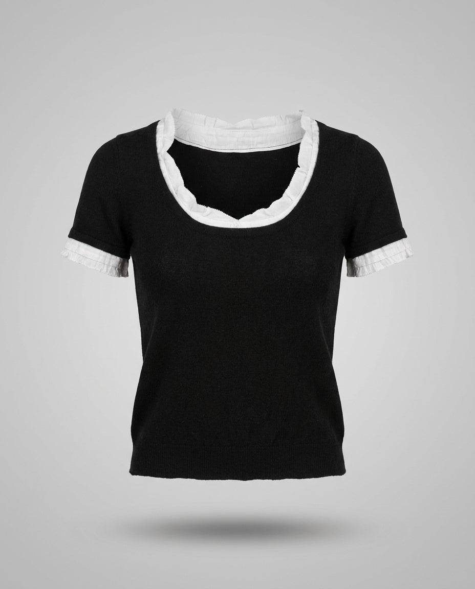 Black Wool-Blend Knit Top with White Contrast Trim - photo 1