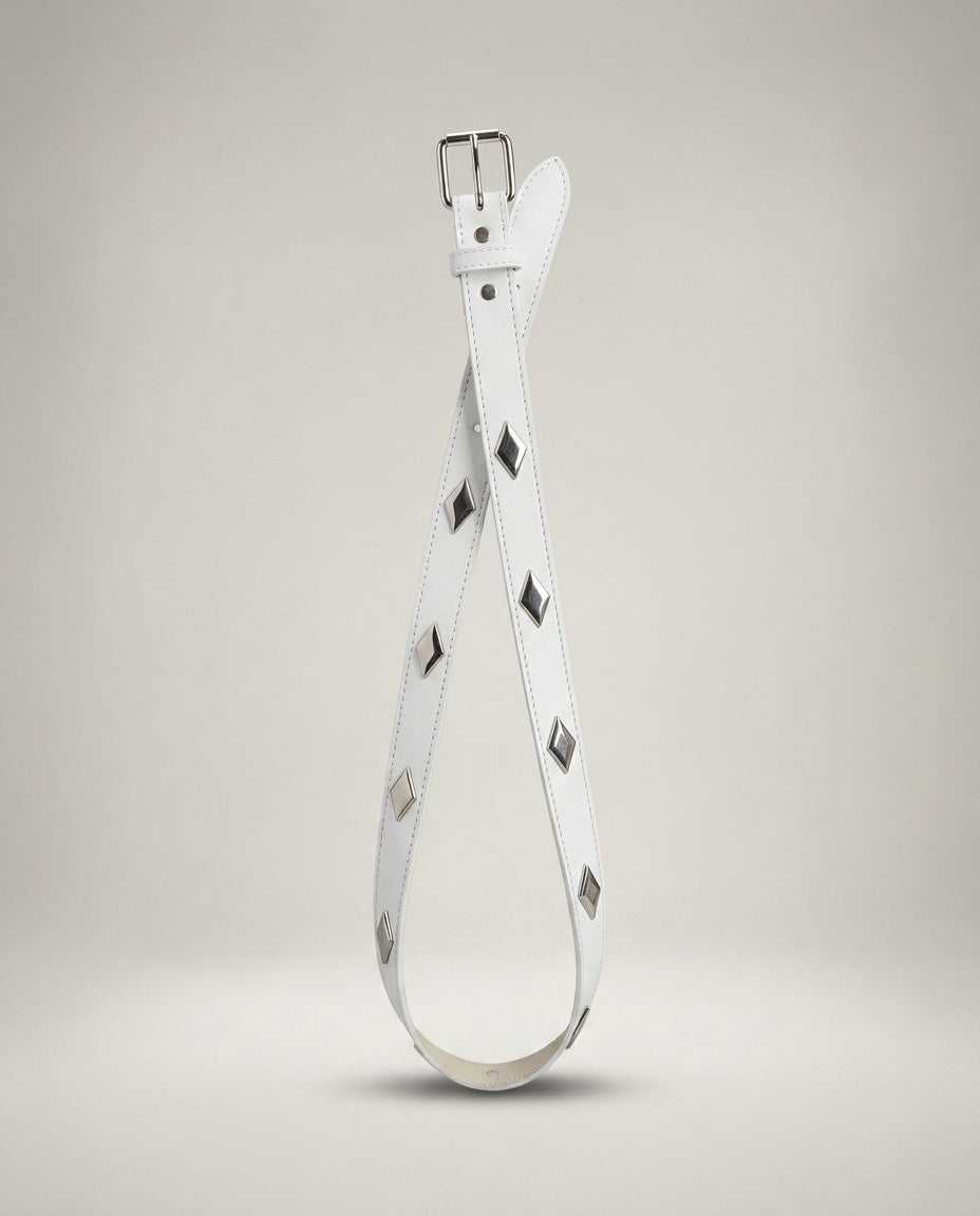 White Narrow Studded Belt with Silver Diamond Studs - photo 1