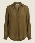 Vince Olive Green Silk Long-Sleeve Blouse with Scalloped Hem and Sheer Back Yoke - photo 1