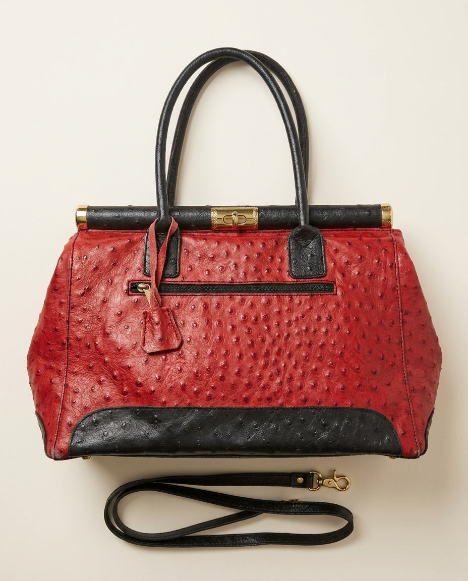 Mid-Century Italian Doctor-Bag with Ostrich-Embossed Leather and Gold Hardware - photo 1