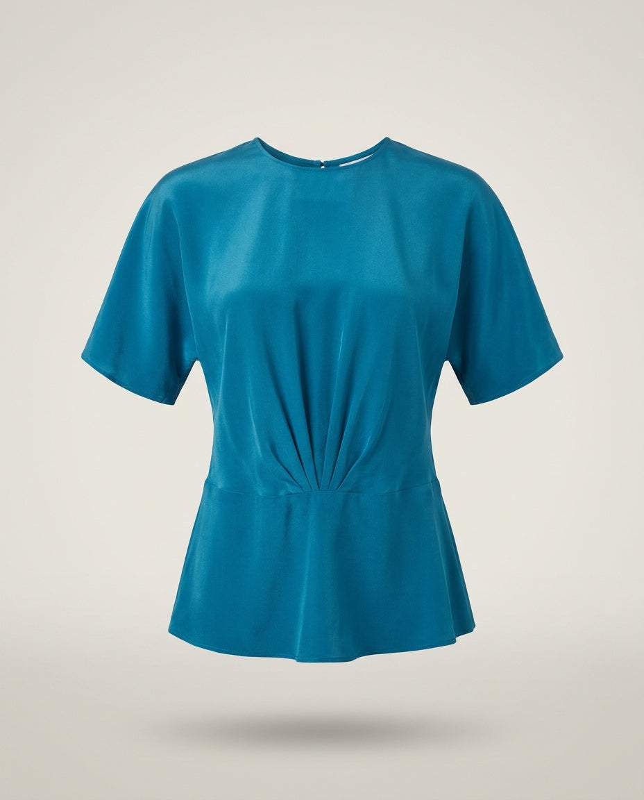 Soft Appeal Teal Silk Blouse with Back Button Closure and Peplum Waist - photo 1