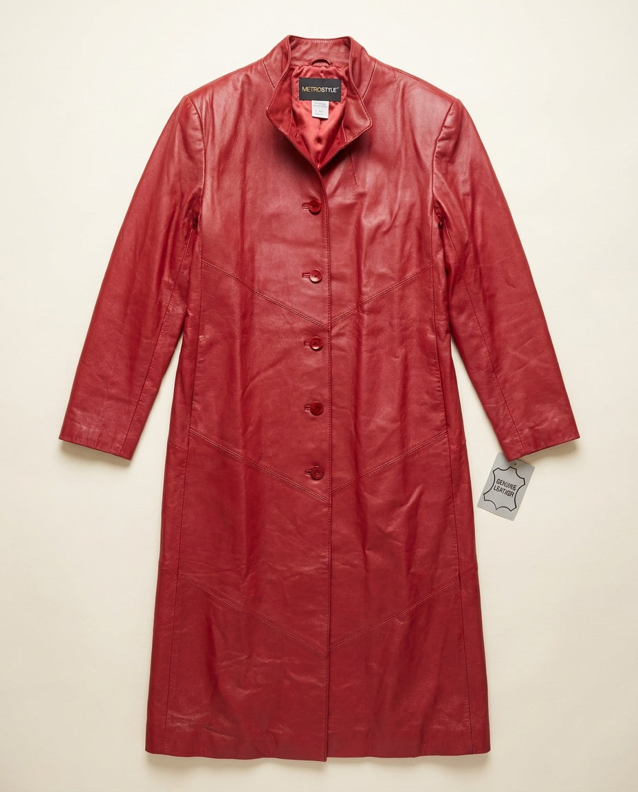 METROSTYLE Red Full-Length Leather Duster Coat with Red Polyester Lining - photo 1