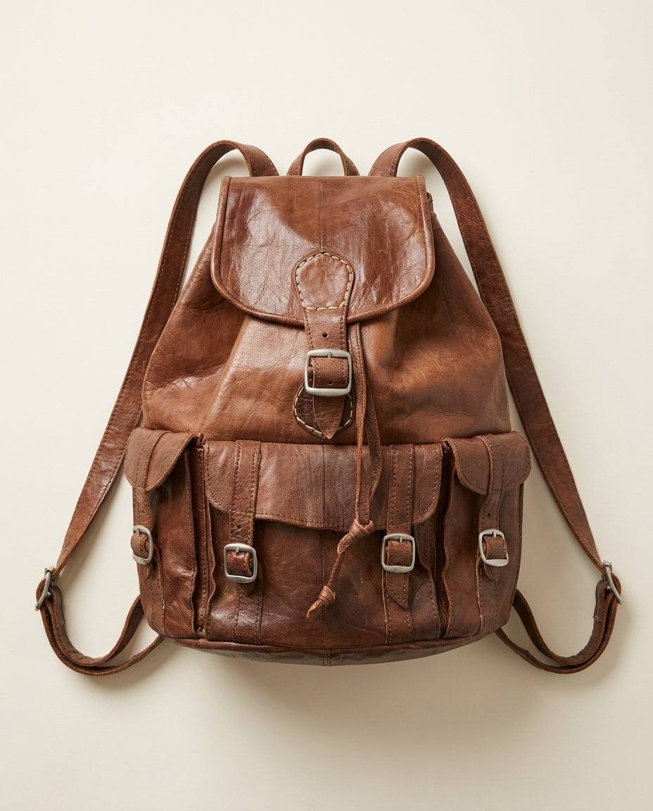 Medium Brown Leather Rucksack with Silver-Tone Buckles - photo 1