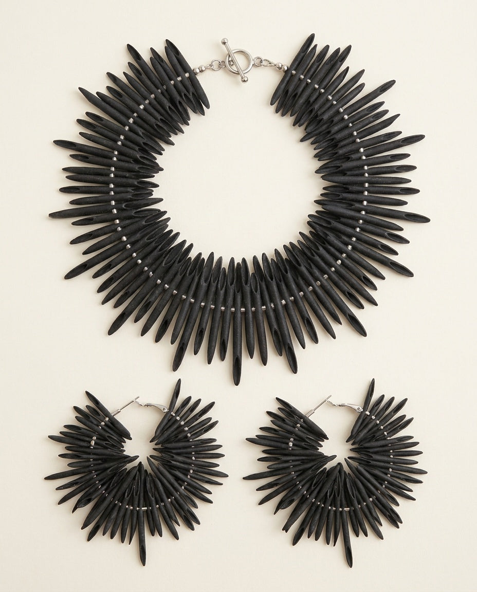 1980s Matte Black Spike-Bead Necklace & Earring Set in Silver - photo 1