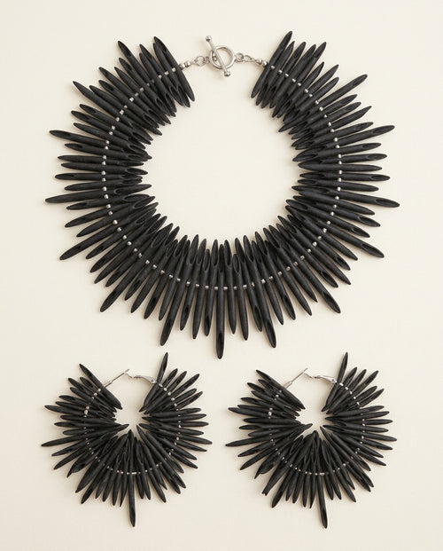 1980s Matte Black Spike-Bead Necklace & Earring Set in Silver - photo 1