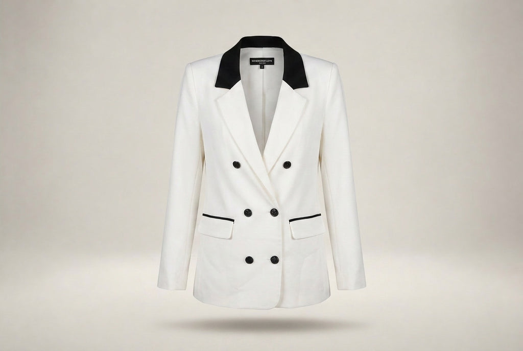 Generation Love Off-White Double-Breasted Tuxedo Blazer with Black/Navy Contrast - photo 1