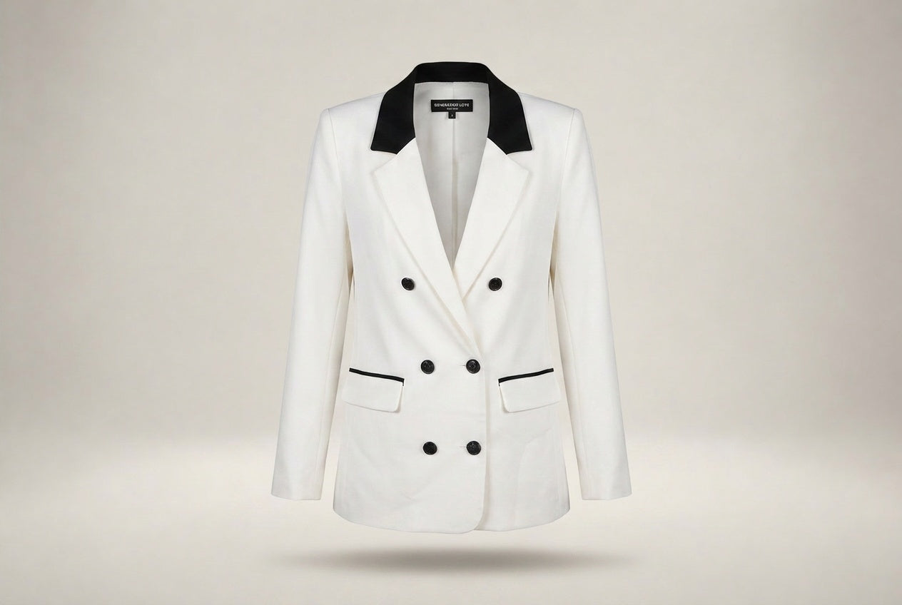 Generation Love Off-White Double-Breasted Tuxedo Blazer with Black/Navy Contrast - photo 1
