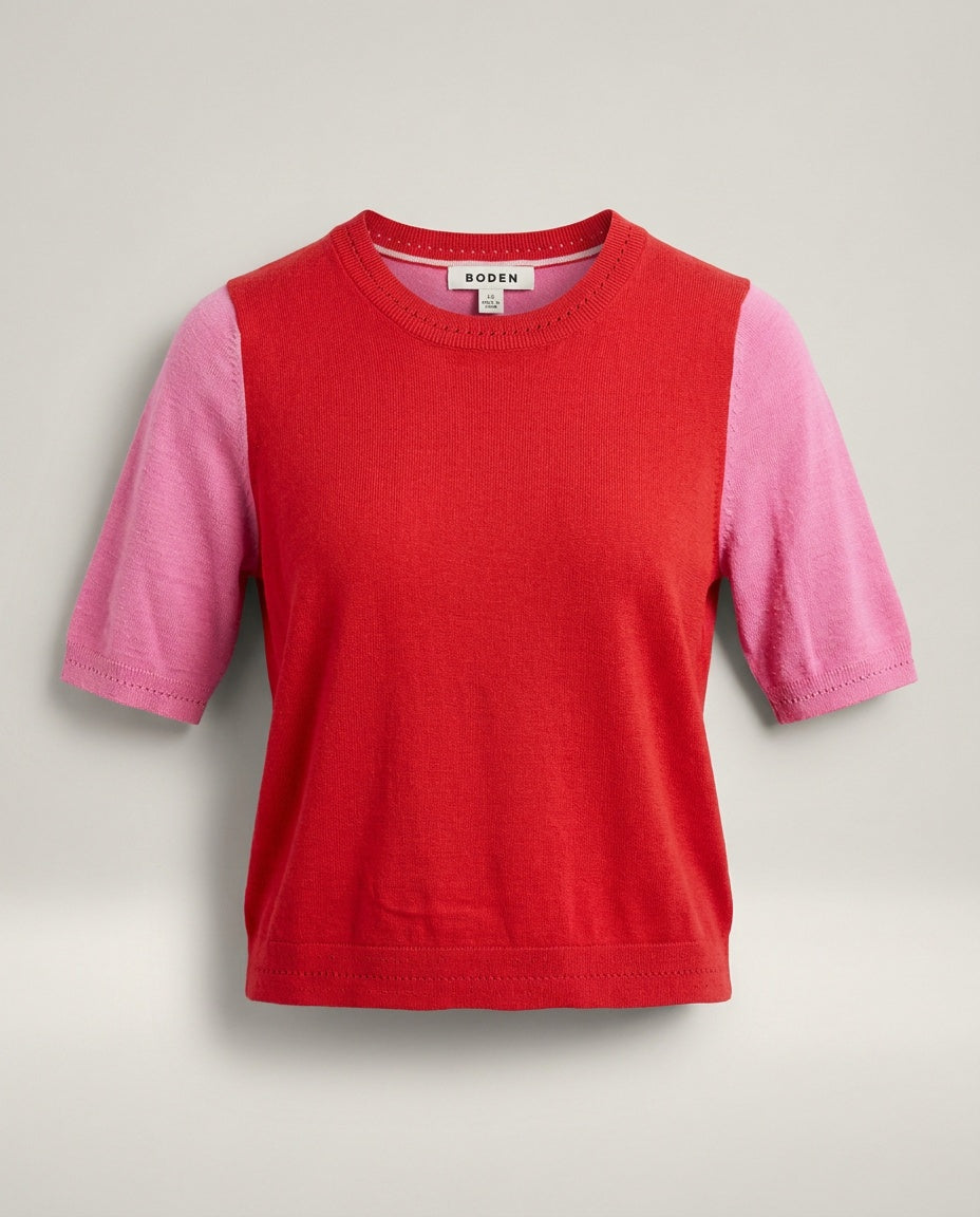 BODEN Color-Block Short-Sleeve Knit Sweater in Red and Pink - photo 1