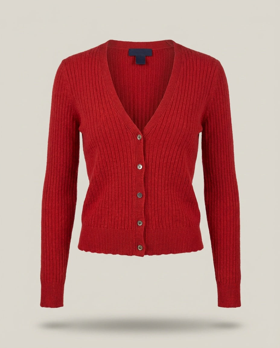 Solid Red Ribbed Cashmere Cardigan - photo 1