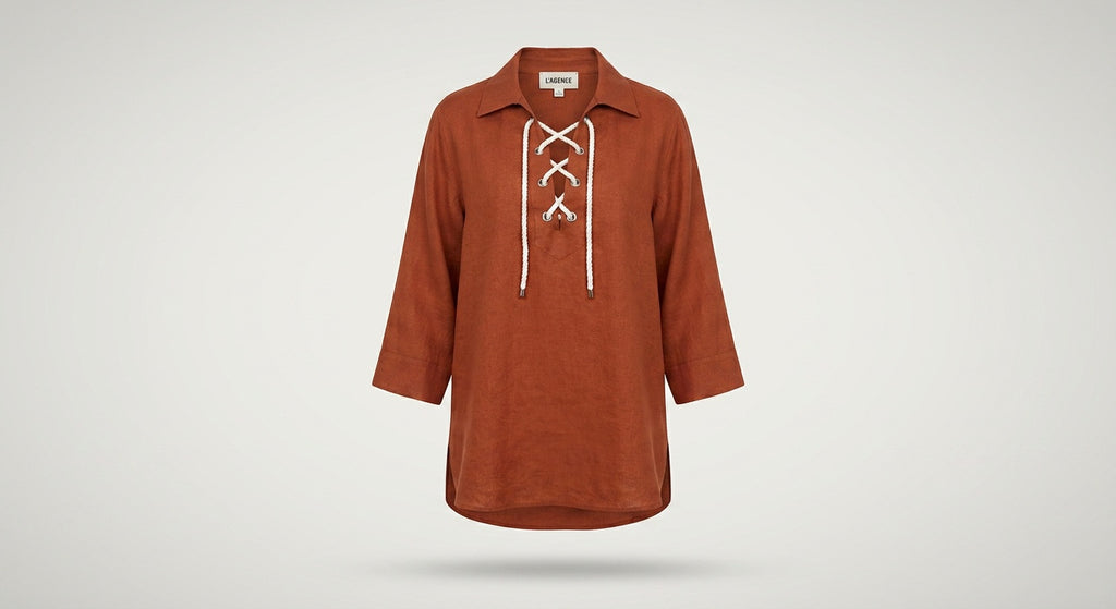 L'AGENCE Rust/Burnt Orange Linen Tunic with Lace-Up Neckline - photo 1