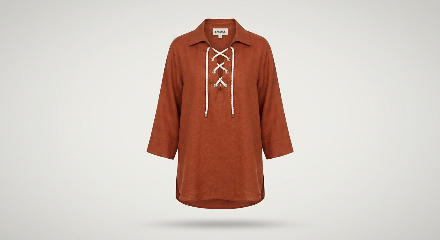 L'AGENCE Rust/Burnt Orange Linen Tunic with Lace-Up Neckline - photo 1