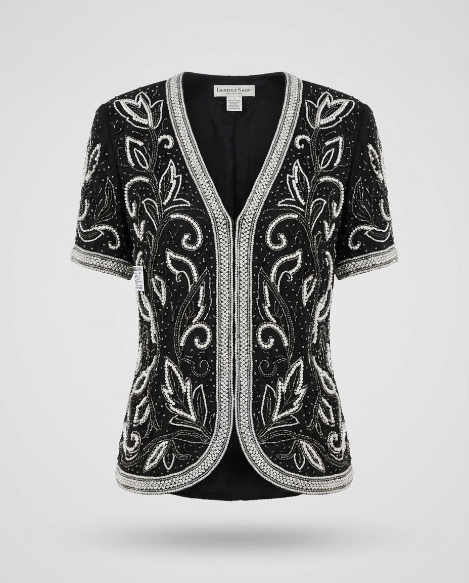 Laurence Kazar Beaded Silk Evening Top (1X) - Black, White, Silver - photo 1