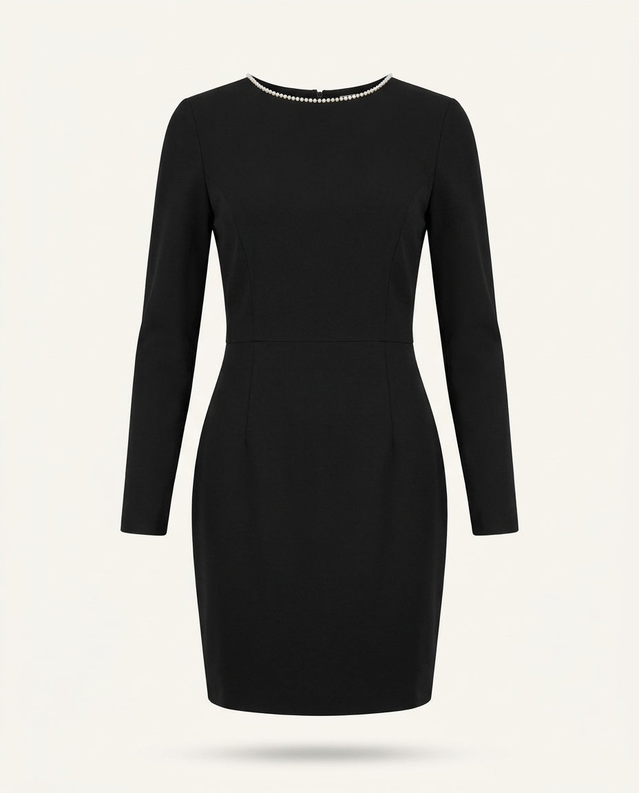 Black Long-Sleeve Mini Dress with Faux Pearl Neckline - photo 1