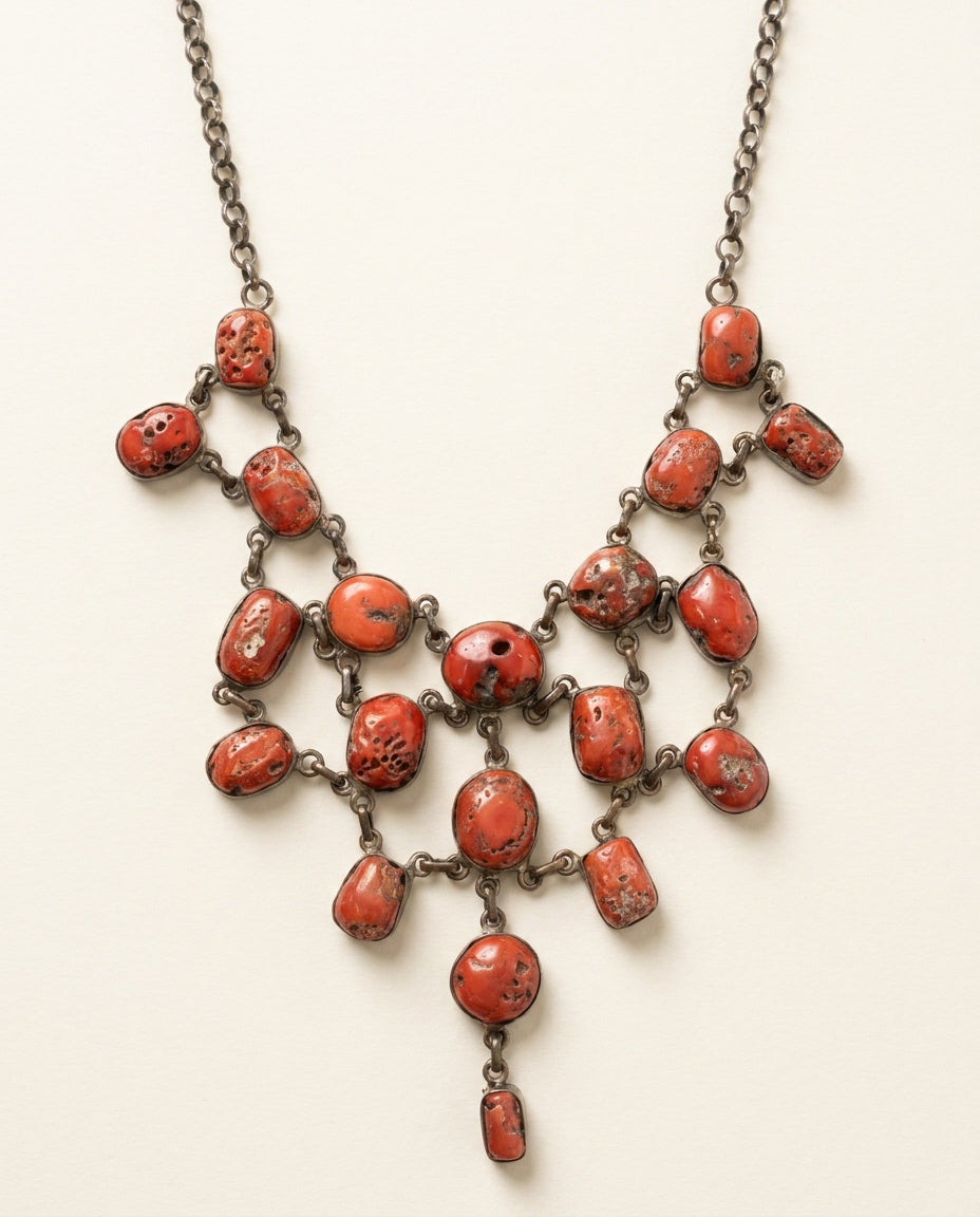 Vintage Multi-Strand Bib Necklace with Red-Orange Cabochon Stones - photo 1